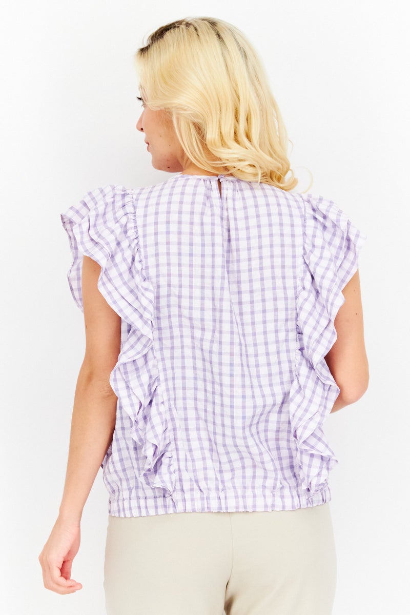 Riley & Rae Women Crew Neck Cap Sleeve Checkered Ruffled Top, Lavender - Image 4